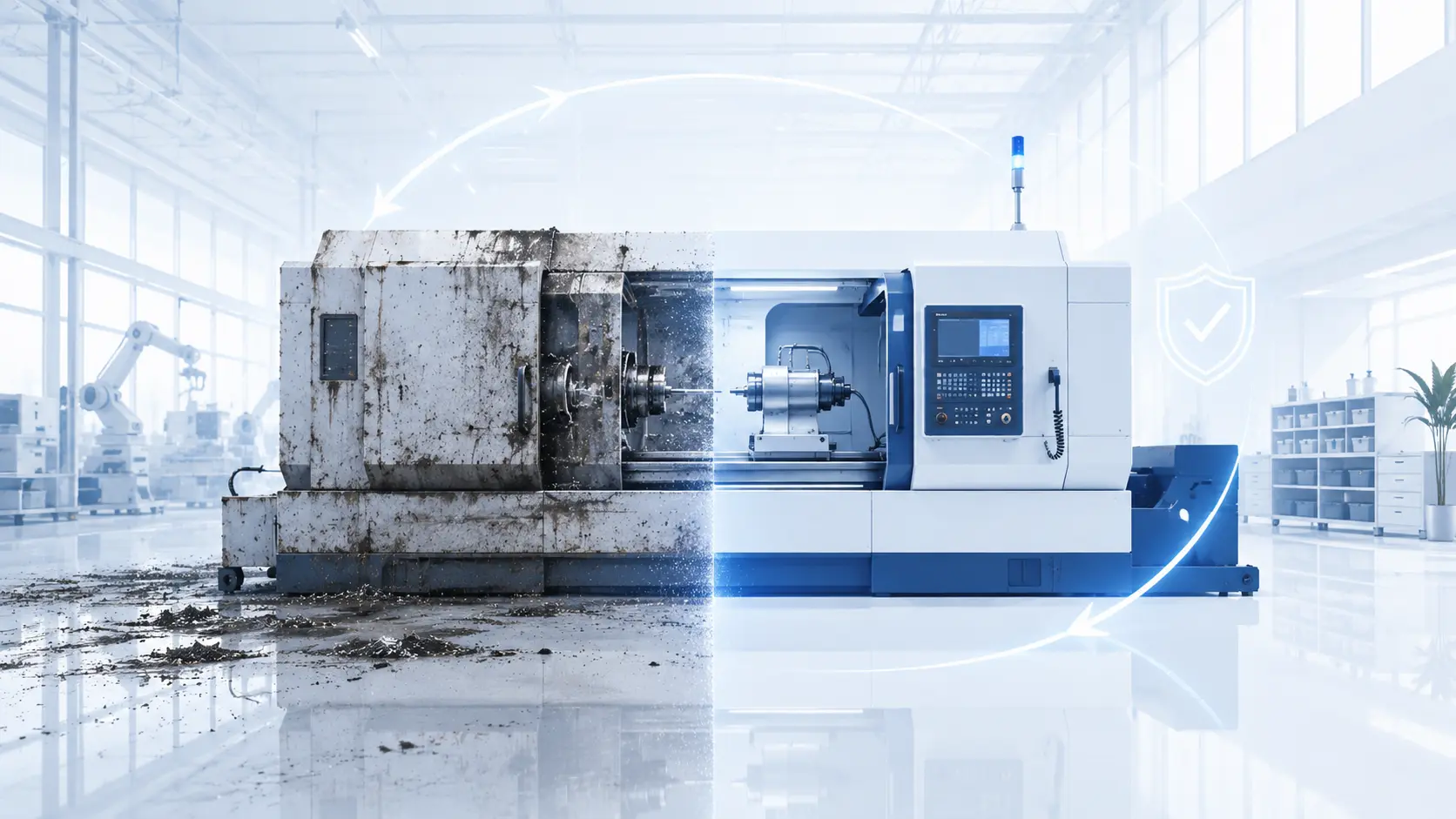 Vorher-Nachher-Vergleich einer CNC-Maschine: stark verschmutzt links, fachgerecht gereinigt rechts