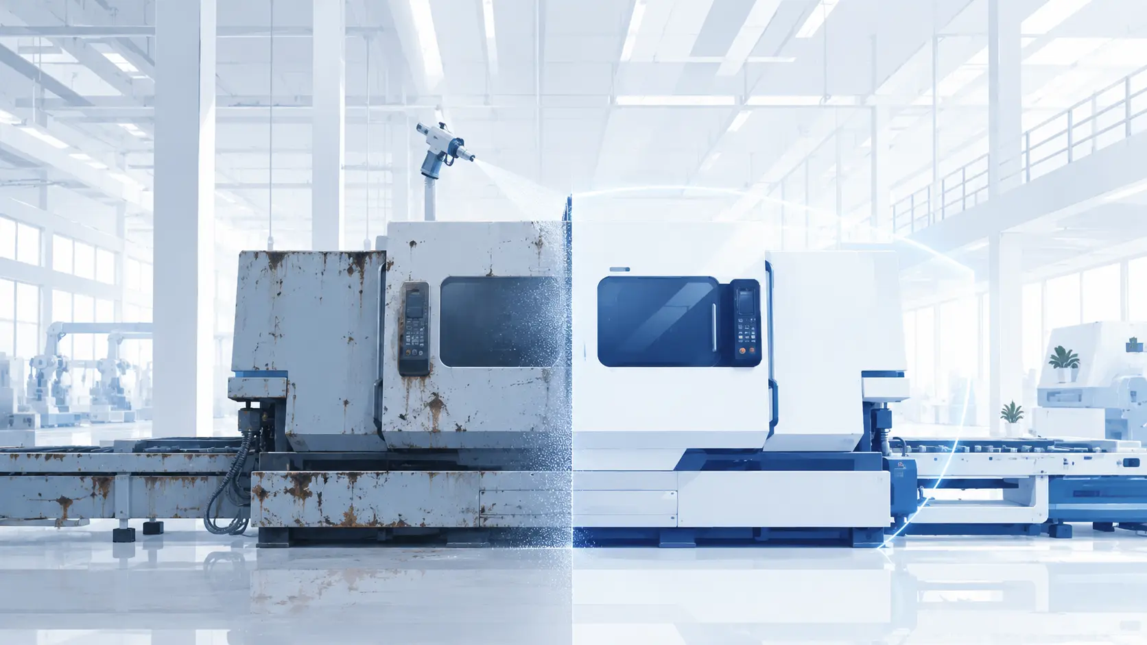 Vorher-Nachher-Vergleich einer Industriemaschine vor und nach professioneller Lackierung