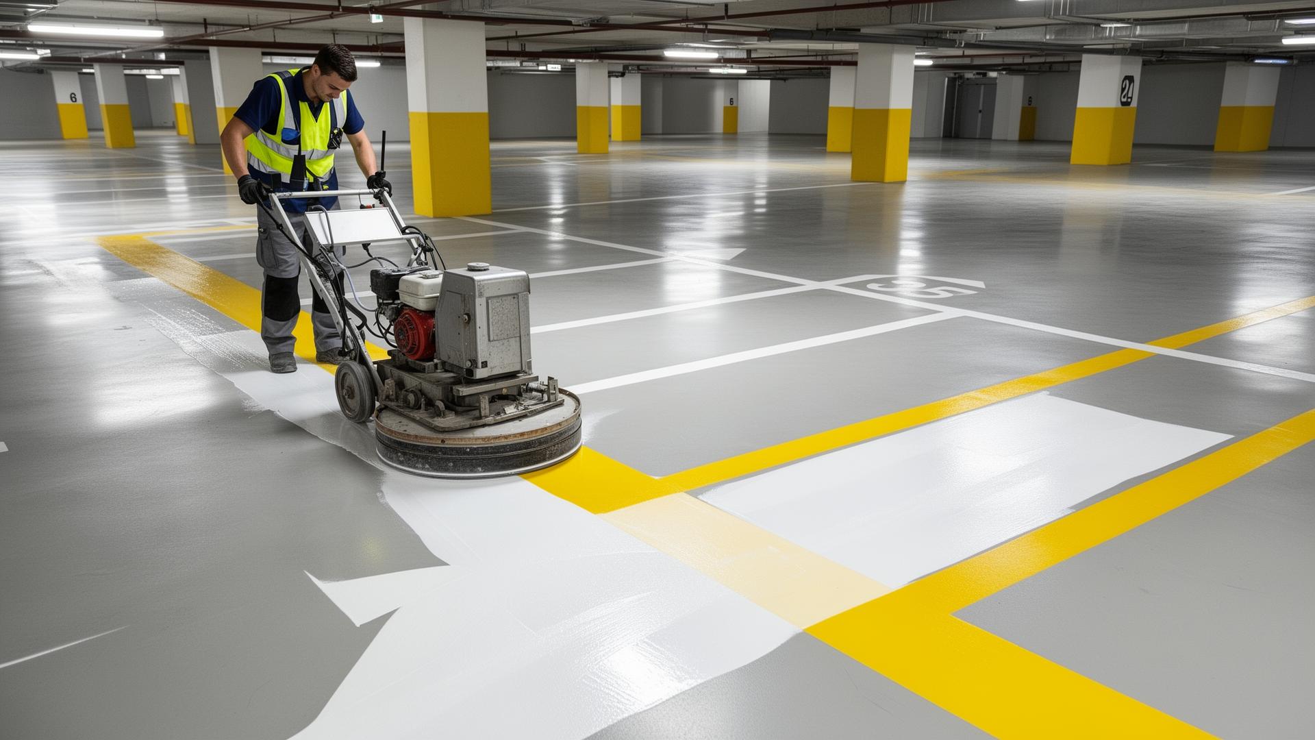 Neue Stellplatz- und Fahrbahnmarkierungen in einem Parkhaus
